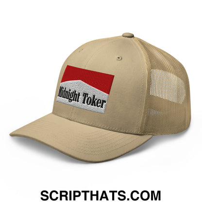 Midnight Toker Cigarette Red Embroidered Mesh Trucker Hat Khaki