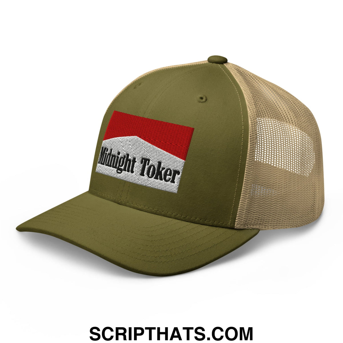 Olive green and tan mesh trucker hat with red white and black embroidered midnight toker patch on front