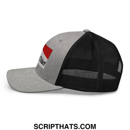 Gray and black mesh trucker hat with red and white embroidered i poker patch midnight toker cigarette design