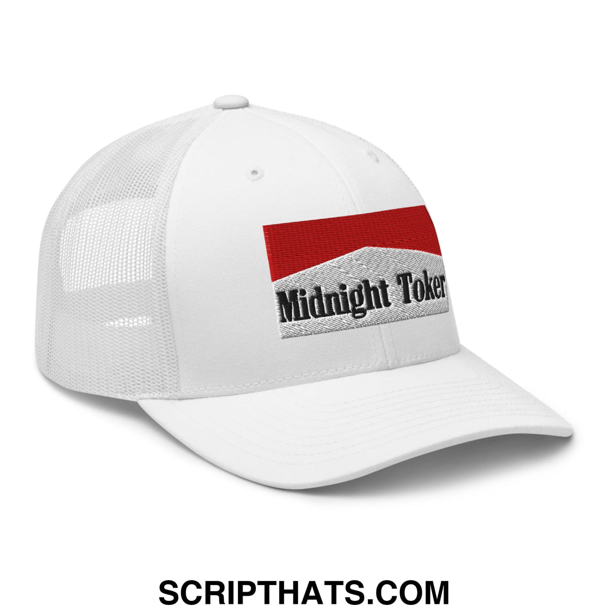 White mesh trucker hat with a red and gray embroidered midnight toker patch for casual wear