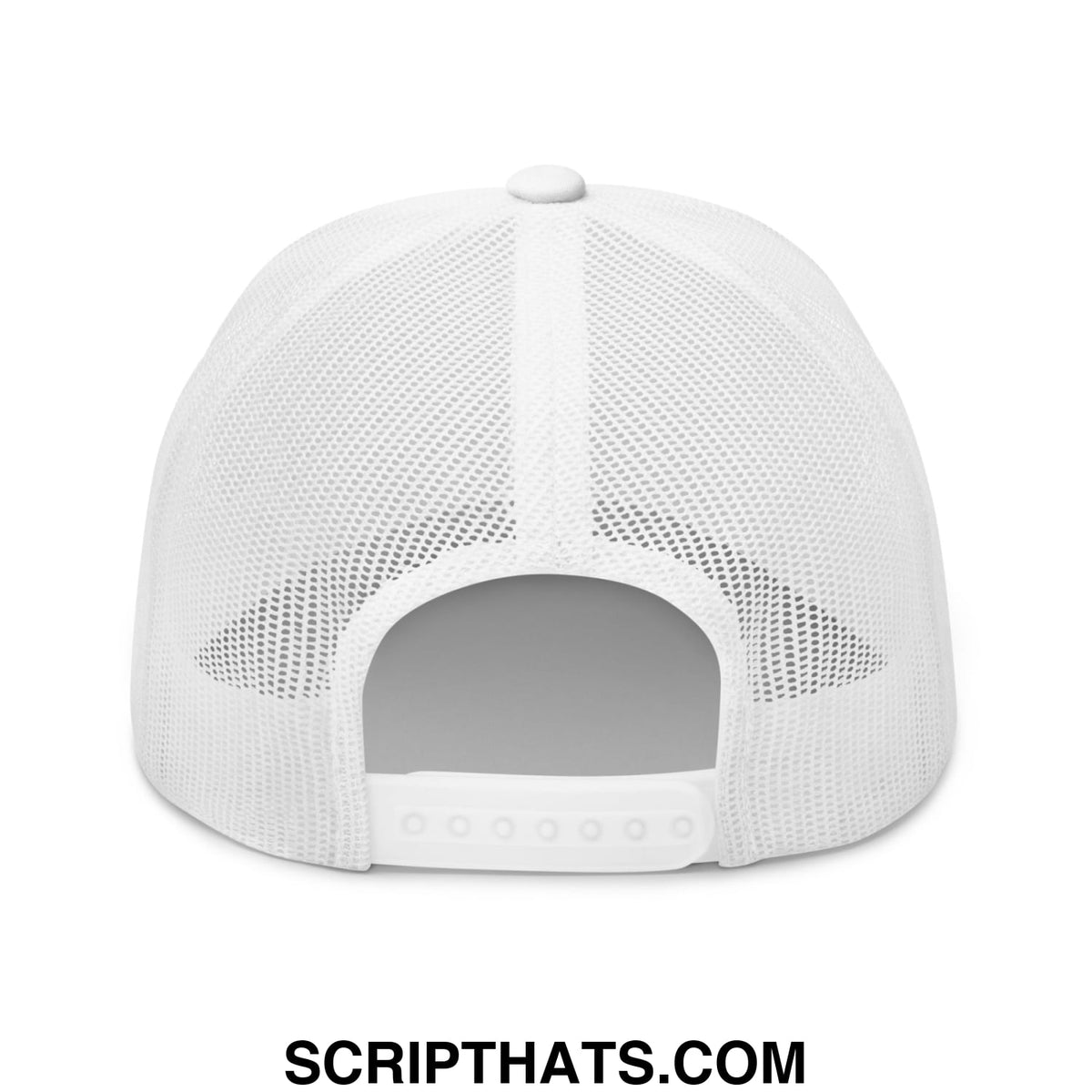 White midnight toker cigarette red embroidered mesh trucker hat showing adjustable strap and mesh back