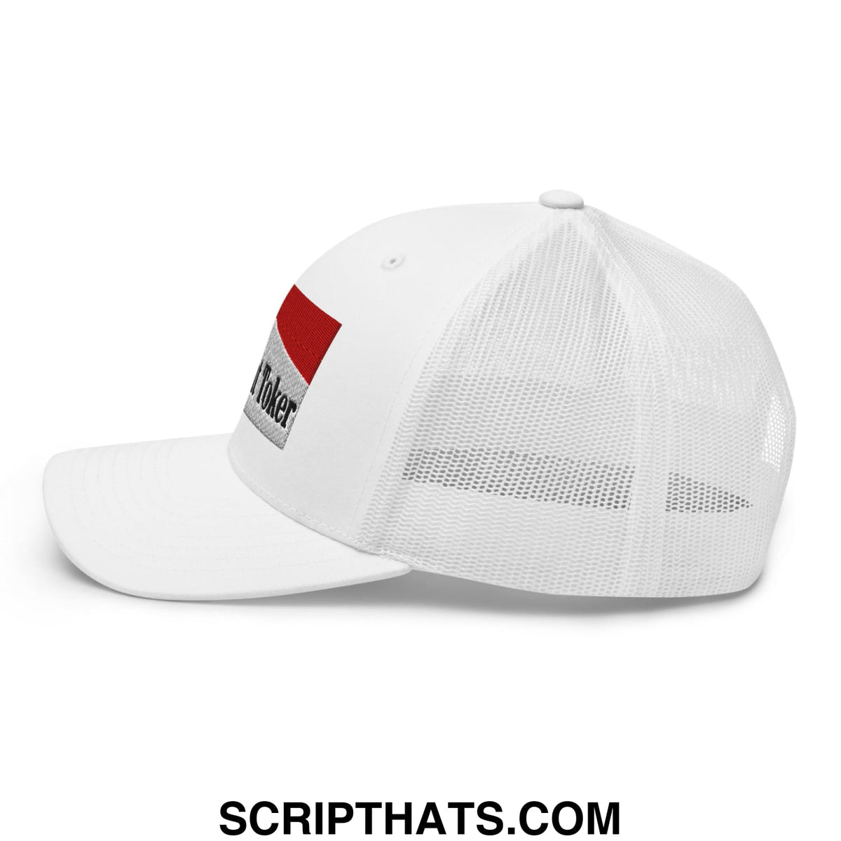 White mesh trucker hat with red and gray patch reading im a poker black lettering from midnight toker collection