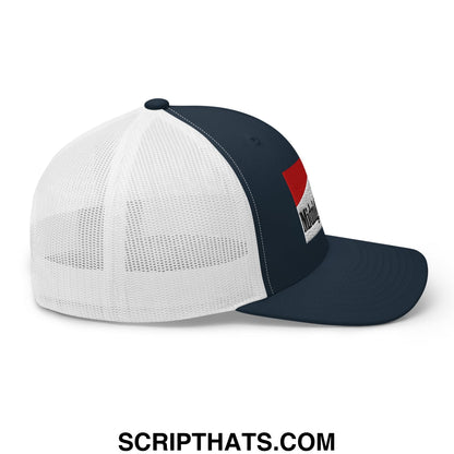 Navy blue and white mesh trucker hat with red and black midnight toker cigarette embroidered logo on side