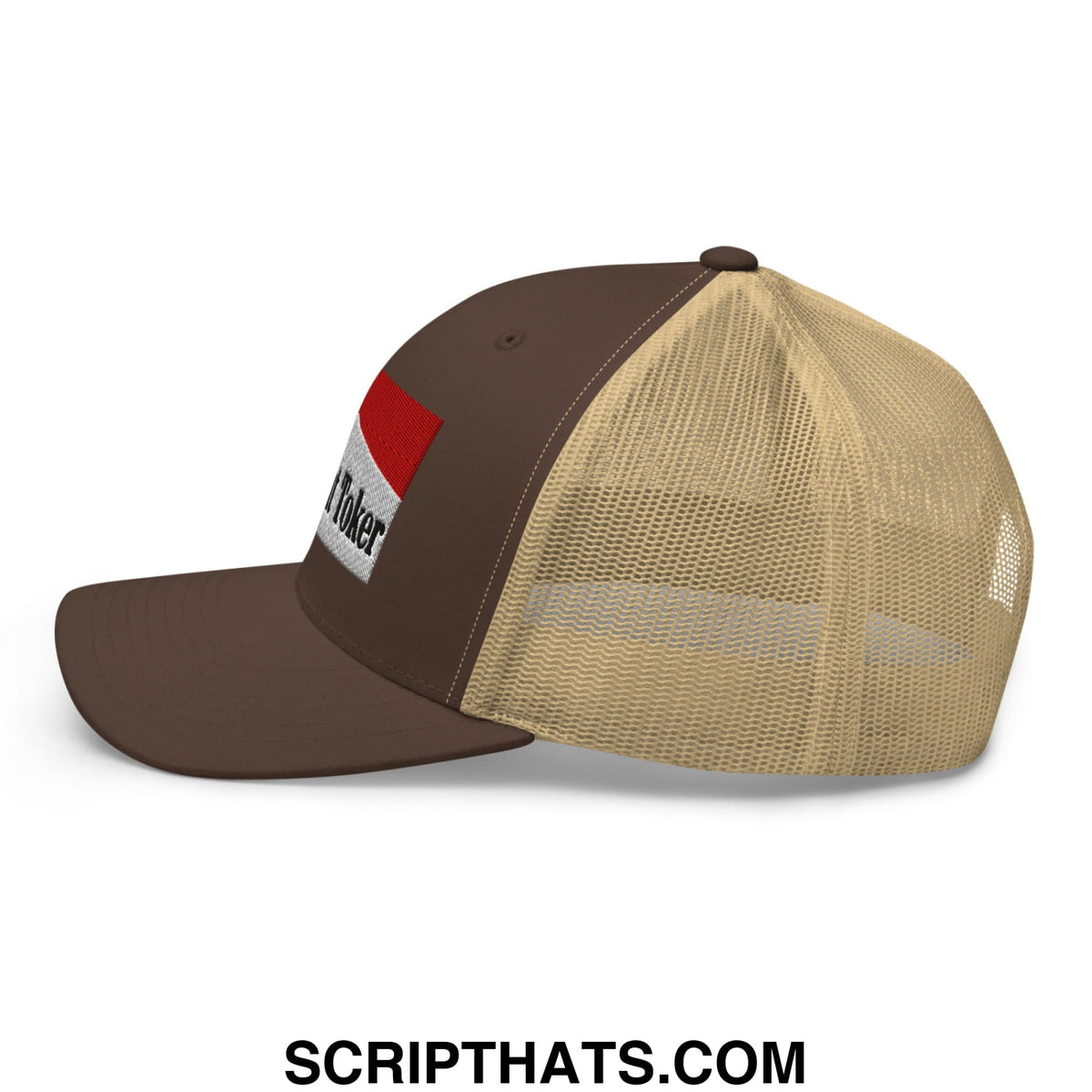 Brown and tan mesh trucker hat with red white and black embroidered patch on the side midnight toker design