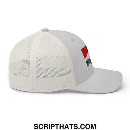 Gray mesh trucker hat with white back and red and black midnight toker cigarette logo patch on the side