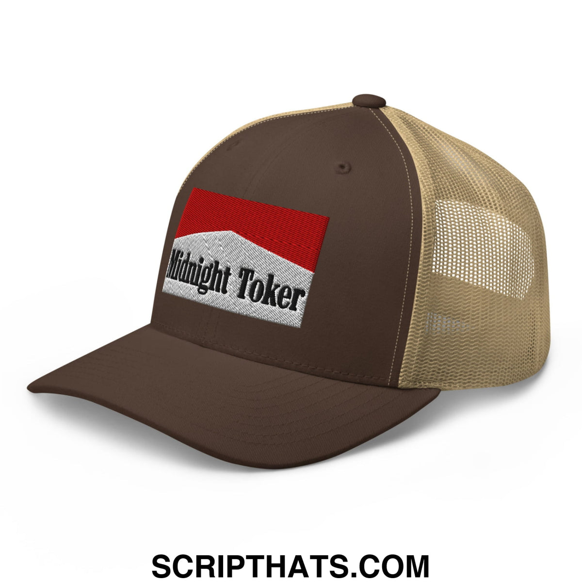 Brown and tan mesh trucker hat with red white and black embroidered midnight toker patch on the front