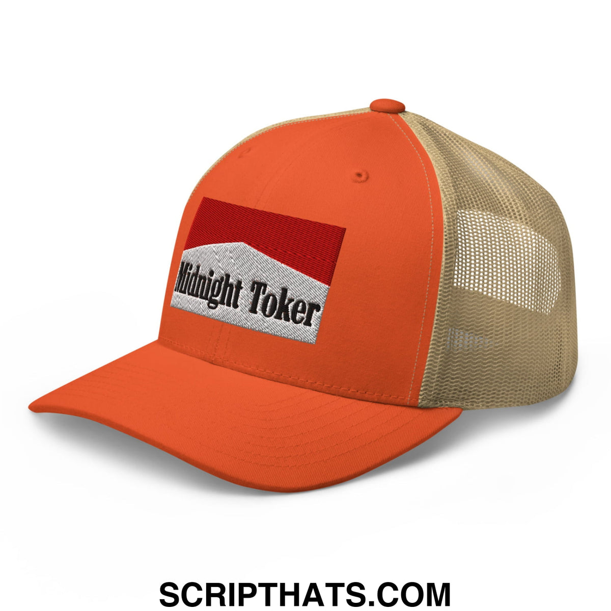 Orange and beige mesh trucker hat with red white and black embroidered midnight toker patch on front panel