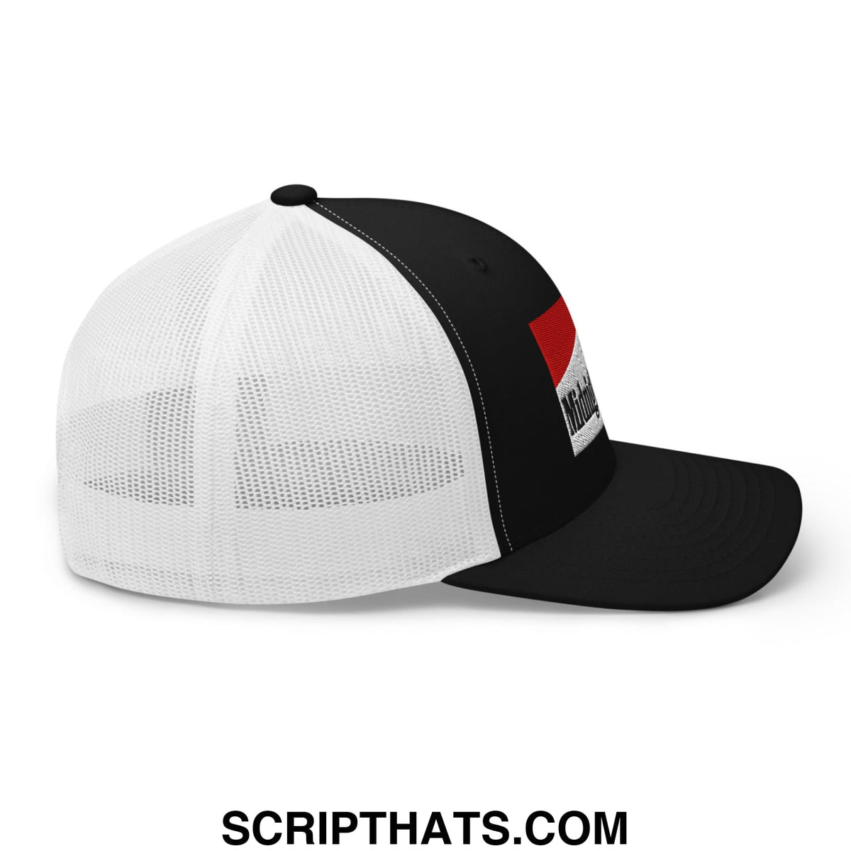 Black and white mesh trucker hat with a red and black midnight toker cigarette embroidered logo patch on the side