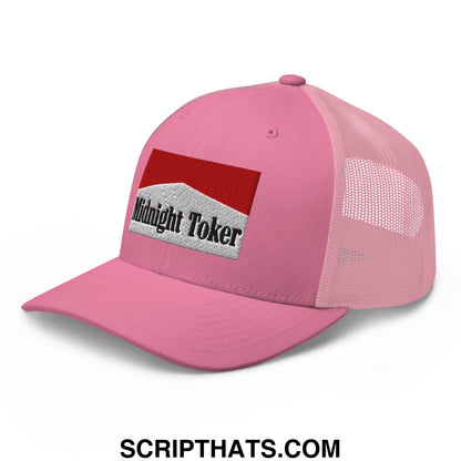 Pink mesh trucker hat with red and silver embroidered patch reading midnight toker on the front panel