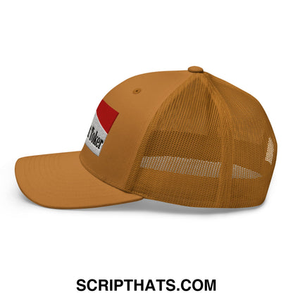 Tan midnight toker cigarette mesh trucker hat with red and white side patch featuring black embroidered text