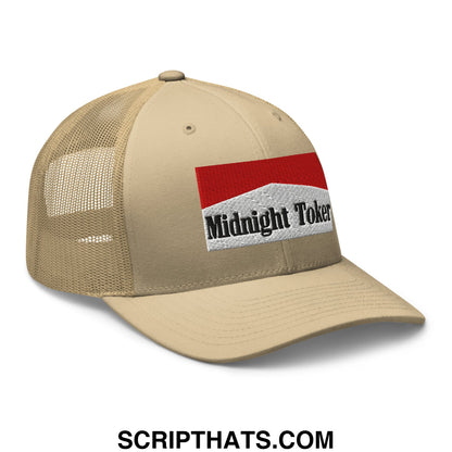 Beige mesh trucker hat with red and white embroidered patch featuring midnight toker text by midnight toker