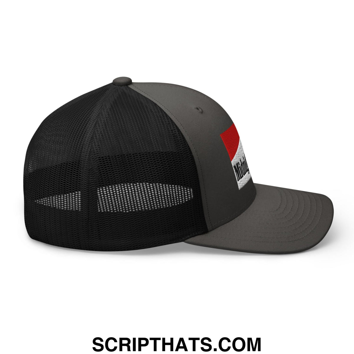 Dark gray midnight toker cigarette trucker hat with black mesh back and red and white logo patch on the side