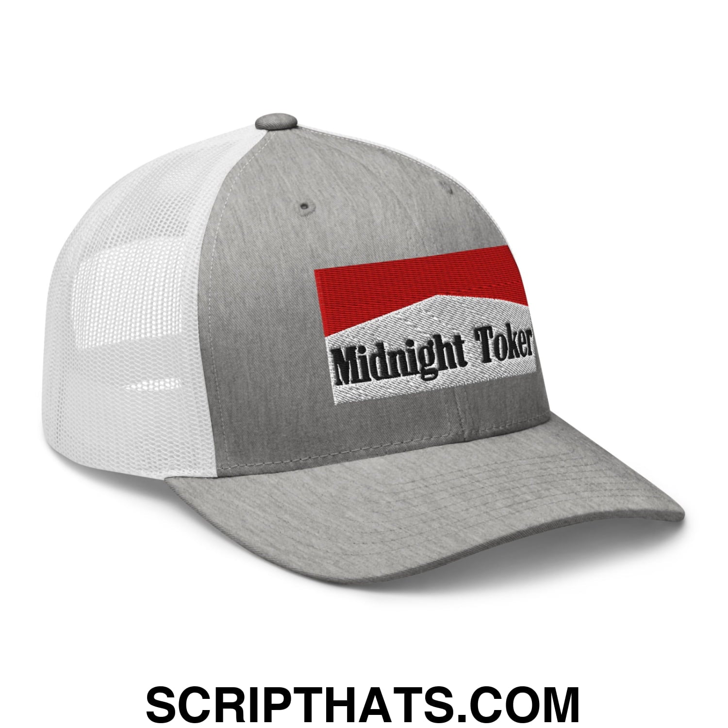 Midnight Toker Cigarette Red Embroidered Mesh Trucker Hat Heather Grey White