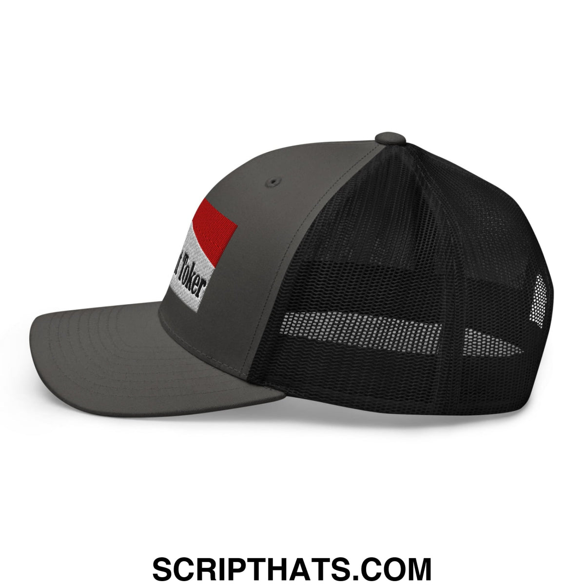 Gray midnight toker trucker hat with black mesh back and red and white i joker embroidered patch on front