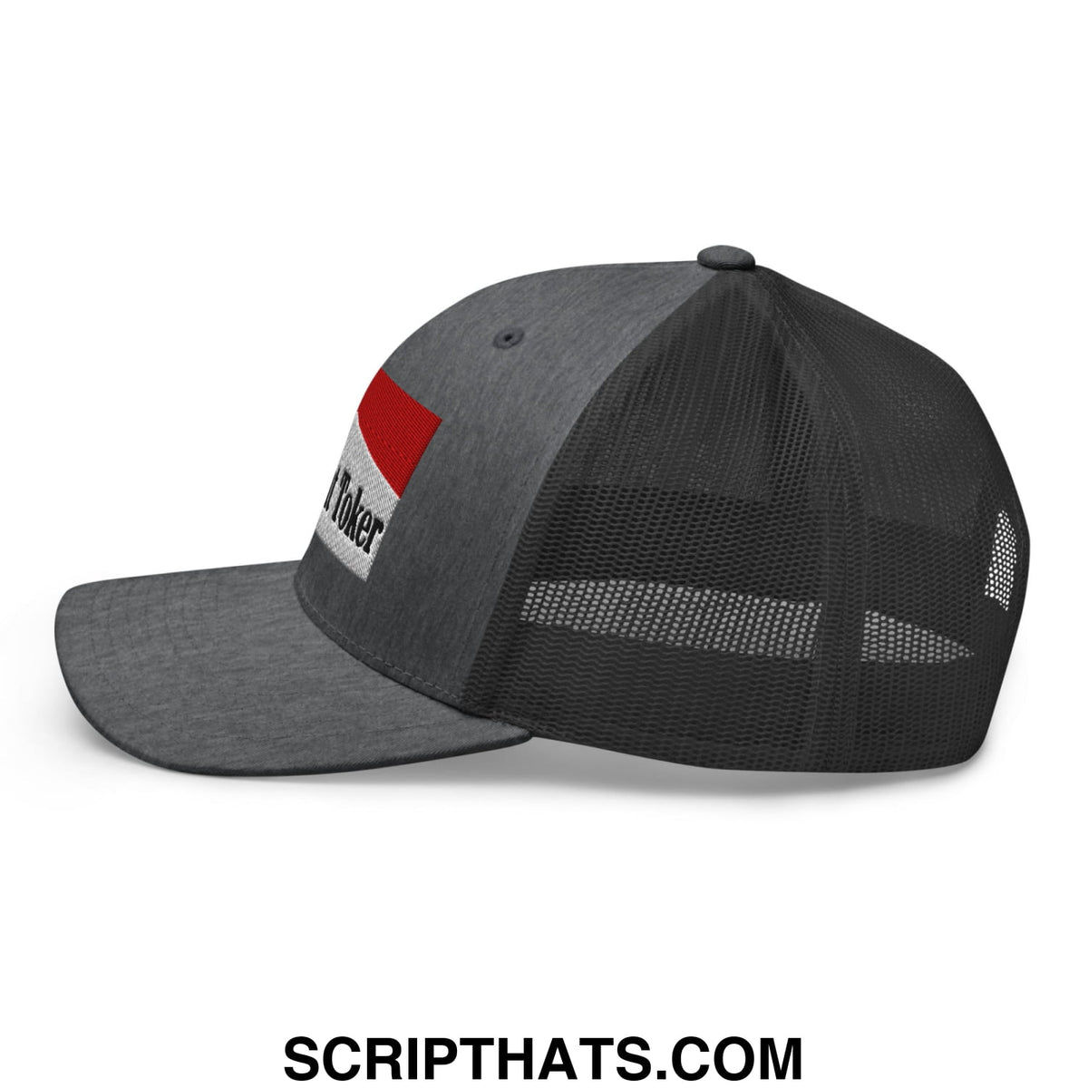 Gray mesh trucker hat with red and white embroidered i poker patch called midnight toker cigarette red embroidered mesh hat