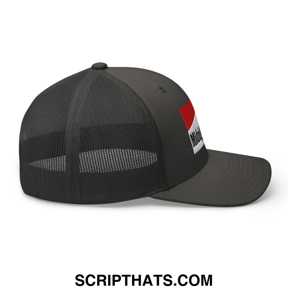 Black mesh trucker hat with red and white midnight toker cigarette embroidered logo patch on the side
