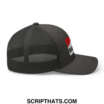 Black mesh trucker hat with red and white midnight toker cigarette embroidered logo patch on the side