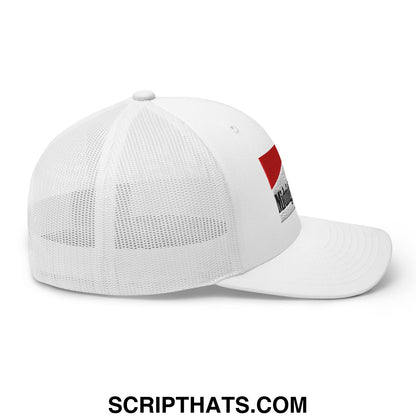 White mesh trucker hat with solid front panel and red rectangular patch featuring black text, midnight toker design