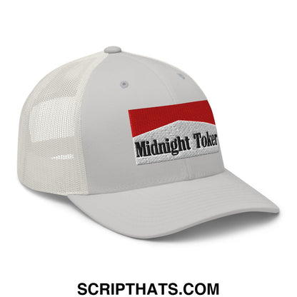 Gray mesh trucker hat with red and white embroidered patch featuring midnight toker text from midnight toker cigarette line