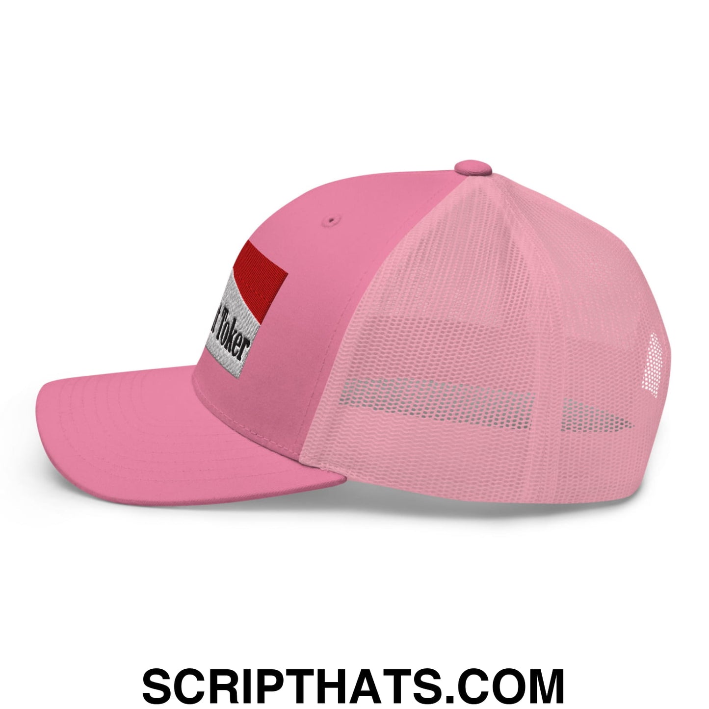 Midnight Toker Cigarette Red Embroidered Mesh Trucker Hat Pink