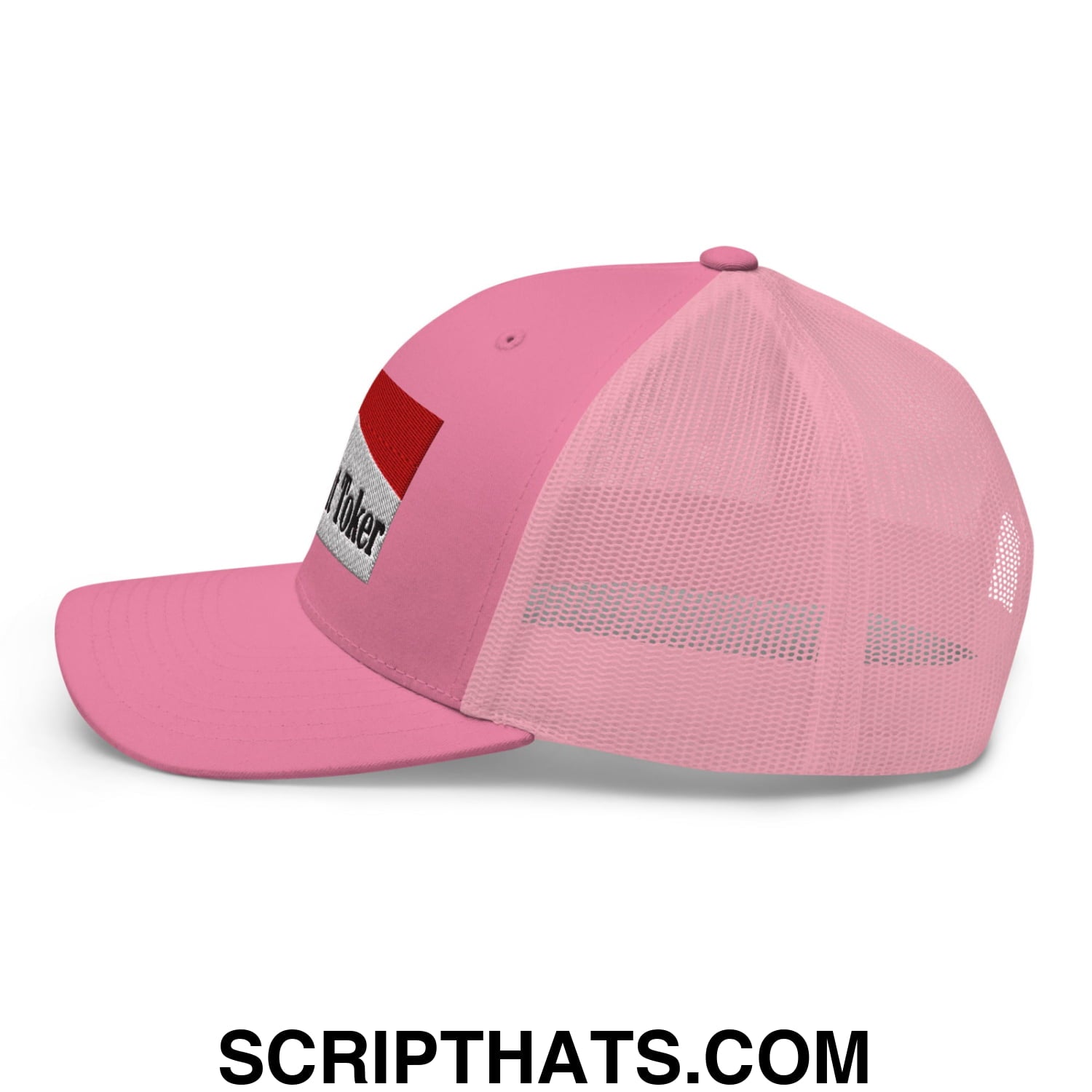 Midnight Toker Cigarette Red Embroidered Mesh Trucker Hat Pink