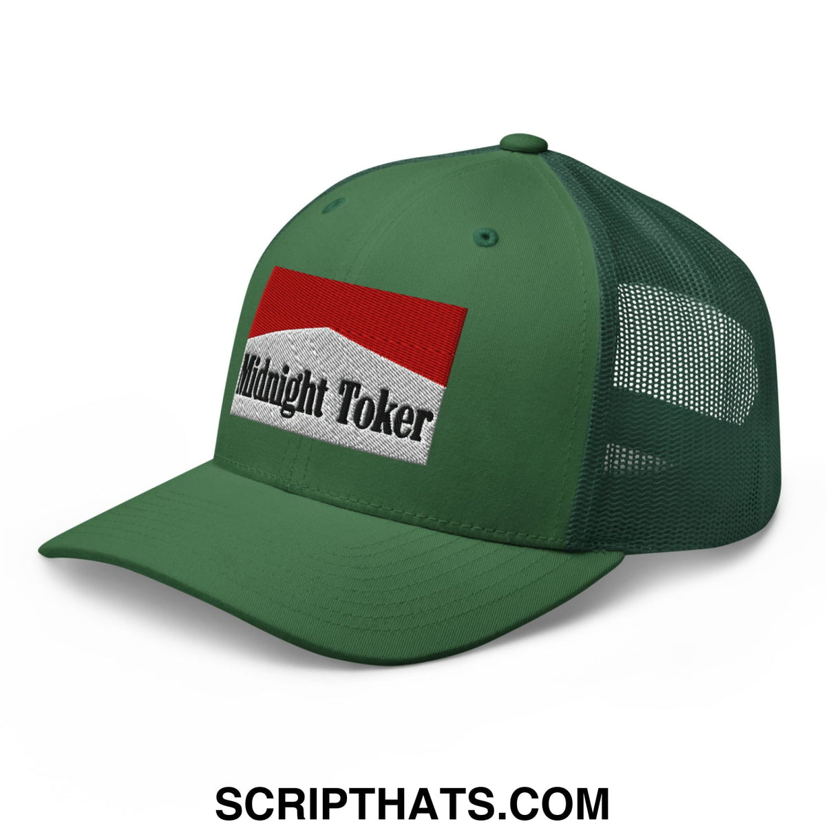 Green mesh trucker hat with red and white embroidered patch reading midnight toker from midnight toker cigarette collection