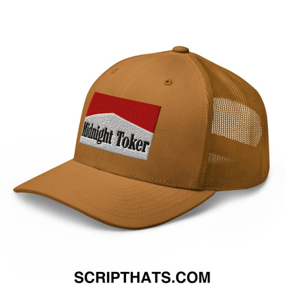 Tan mesh trucker hat with a red and white embroidered midnight toker patch for casual wear