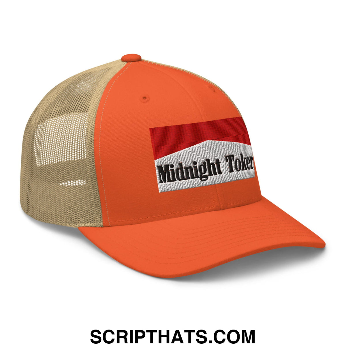 Orange and beige mesh trucker hat with red white and black embroidered midnight toker patch on the front