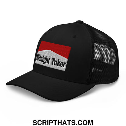 Black mesh trucker hat with red and white embroidered midnight toker patch for casual wear