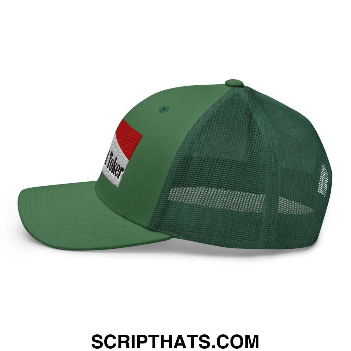 Green mesh trucker hat with red and white i poker patch on the side from Midnight Toker Cigarette collection