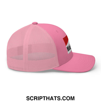 Pink midnight toker cigarette trucker hat with mesh back and red and white logo patch on the side