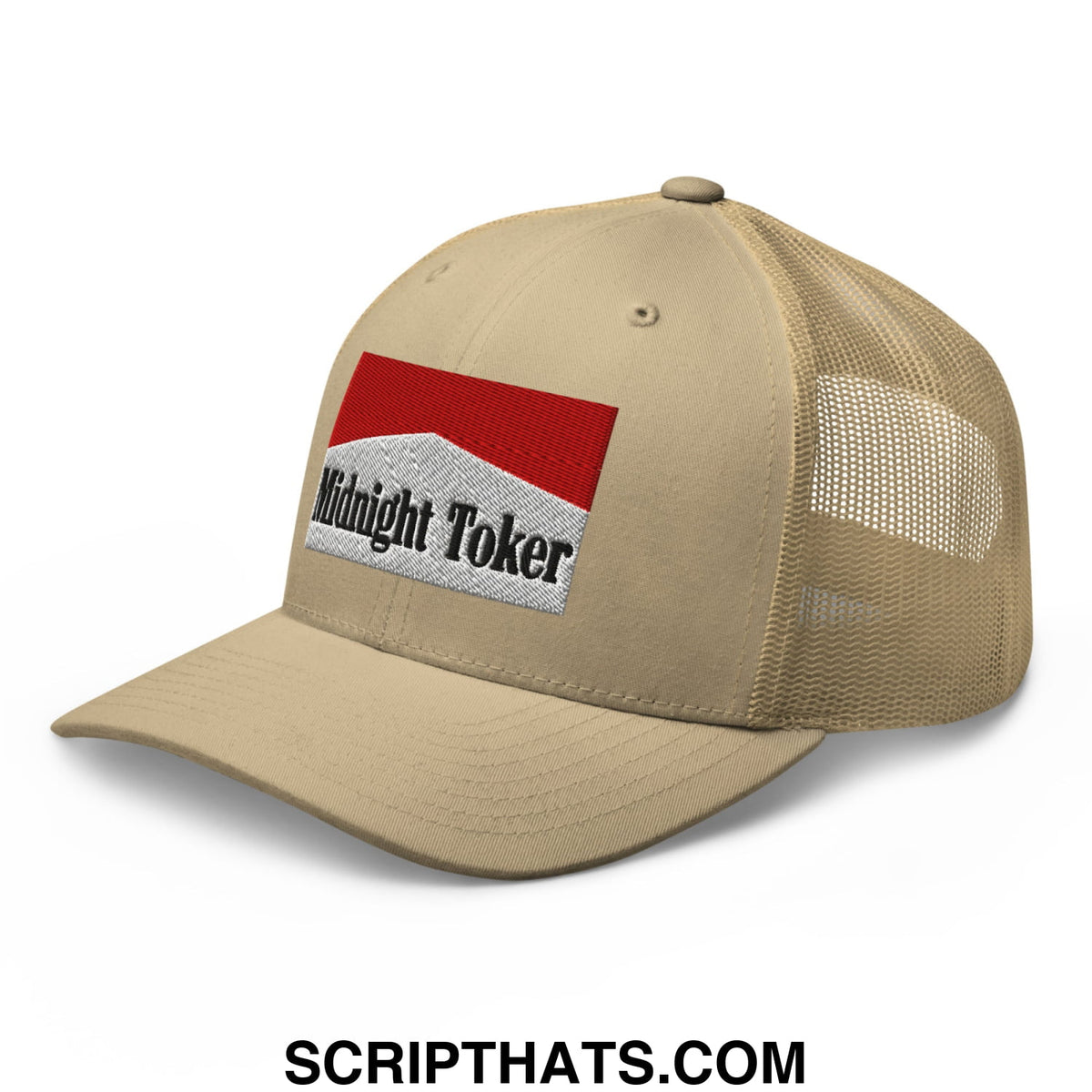 Beige mesh trucker hat with a red and white embroidered midnight toker patch on the front