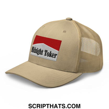 Beige mesh trucker hat with a red and white embroidered midnight toker patch on the front