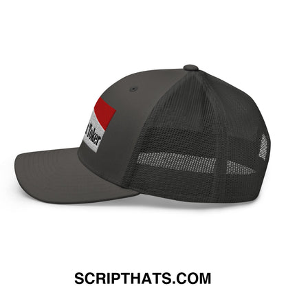 Dark gray mesh trucker hat with red and white patch and black embroidered text titled midnight toker cigarette