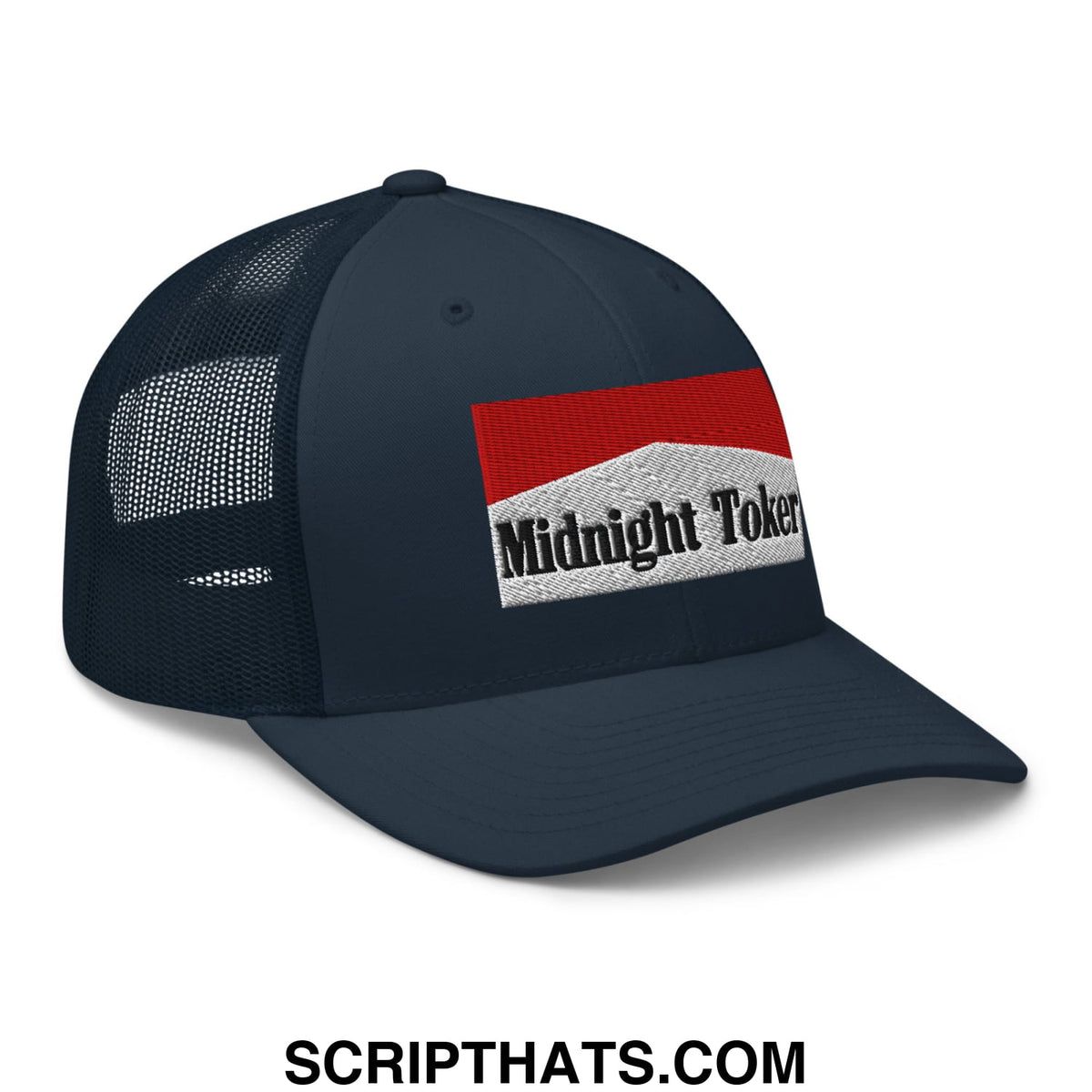Dark navy mesh trucker hat with red and white embroidered patch featuring midnight toker text