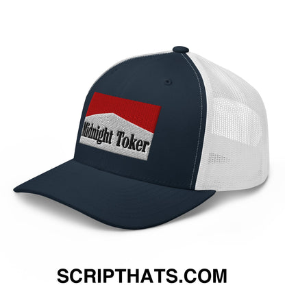 Midnight Toker Cigarette Red Embroidered Mesh Trucker Hat Navy White