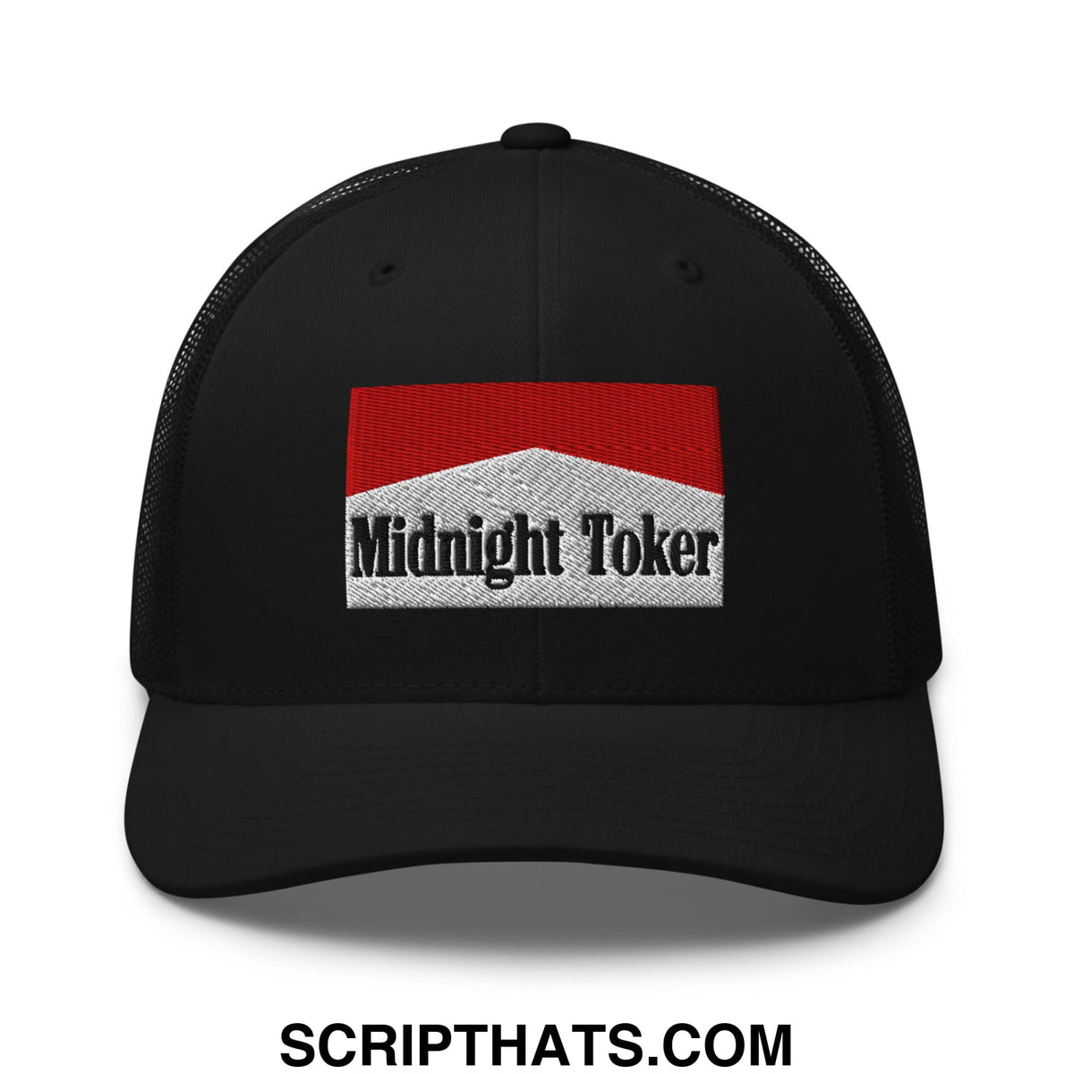Black mesh trucker hat with red and white cigarette pack patch embroidered with midnight toker text