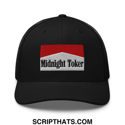Black mesh trucker hat with red and white cigarette pack patch embroidered with midnight toker text