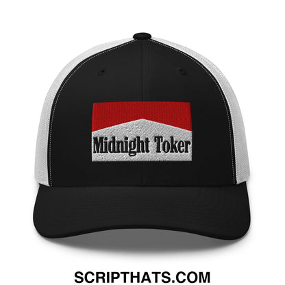 Black and white mesh trucker hat with red and silver embroidered midnight toker logo and black stitching