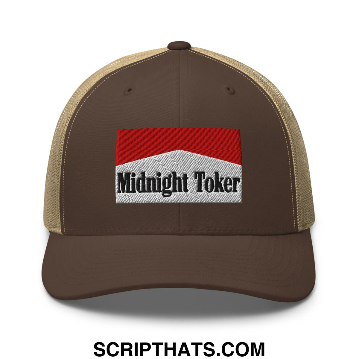 Brown and tan mesh trucker hat with red white and black embroidered midnight toker logo for casual wear