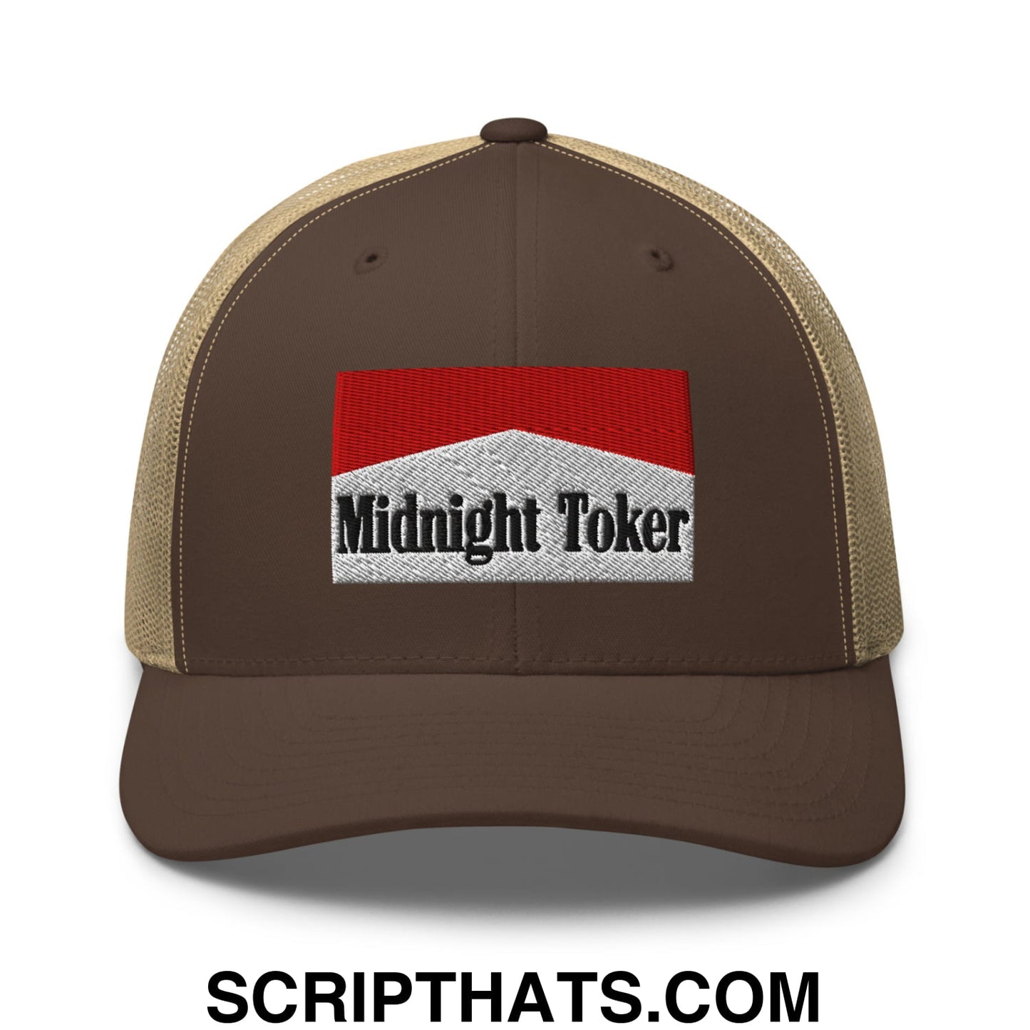 Midnight Toker Cigarette Red Embroidered Mesh Trucker Hat Brown Khaki