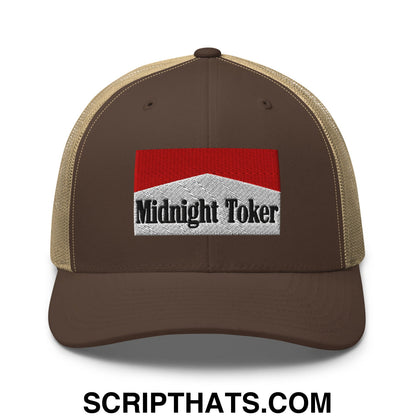 Midnight Toker Cigarette Red Embroidered Mesh Trucker Hat Brown Khaki