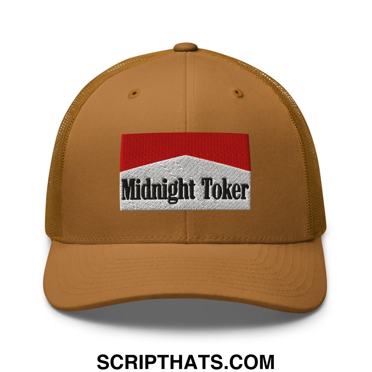 Tan mesh trucker hat with red and white embroidered midnight toker patch featuring black lettering