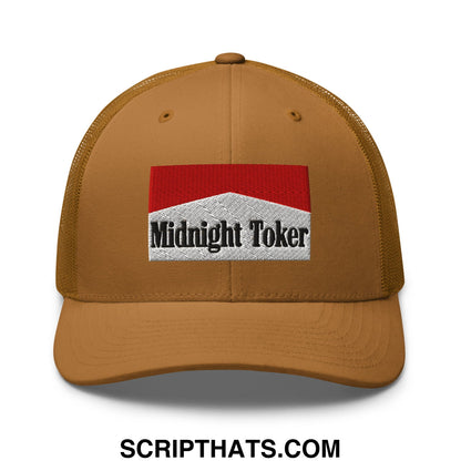 Tan mesh trucker hat with red and white embroidered midnight toker patch featuring black lettering