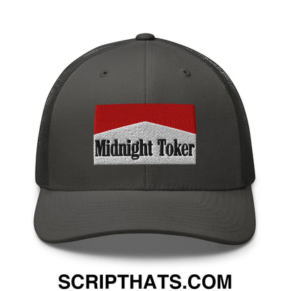 Midnight Toker Cigarette Red Embroidered Mesh Trucker Hat Charcoal