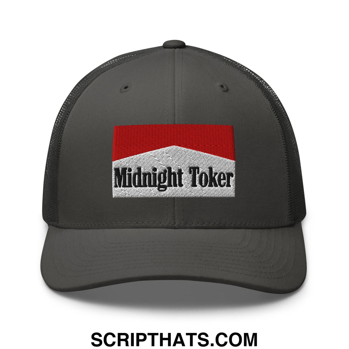Dark gray mesh trucker hat with red and white embroidered midnight toker patch and black lettering