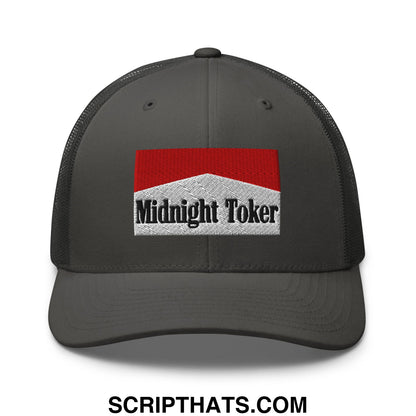 Dark gray mesh trucker hat with red and white embroidered midnight toker patch and black lettering