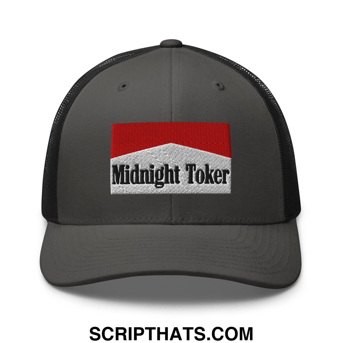 Dark gray mesh trucker hat with red and white embroidered midnight toker patch for casual wear