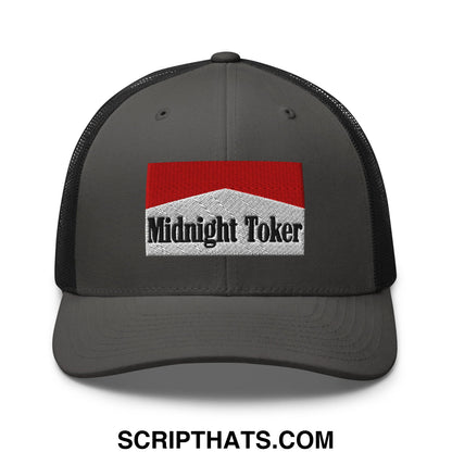 Dark gray mesh trucker hat with red and white embroidered midnight toker patch for casual wear