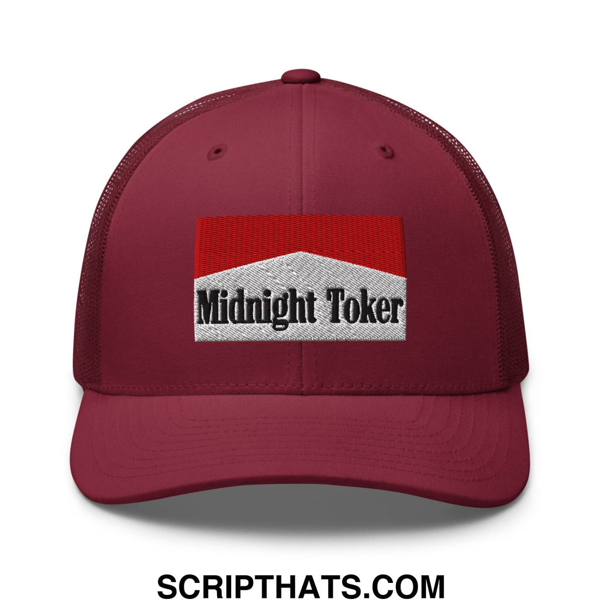Maroon mesh trucker hat with red and silver embroidered midnight toker logo patch for casual wear
